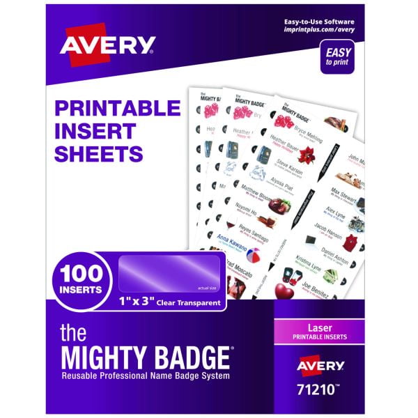 The Mighty Badge Name Badge Inserts, 1 x 3, Clear, Laser, 20/Sheet, 5 Sheets/Pack The Mighty Badge Name Badge Inserts, 1 x 3, Clear, Laser, 20/Sheet, 5 Sheets/Pack
