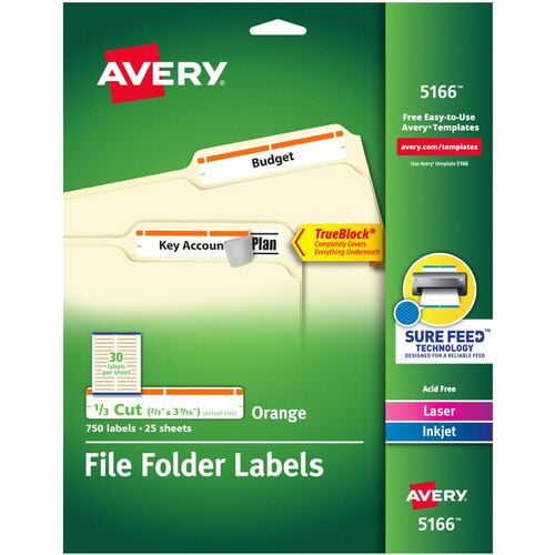 Avery® TrueBlock File Folder Labels, 2/3" Width x 3 7/16" Length, Permanent Adhesive, Rectangle, Inkjet, Laser, Matte, Orange, Paper (5166) | 10 Packs (7500 Total)