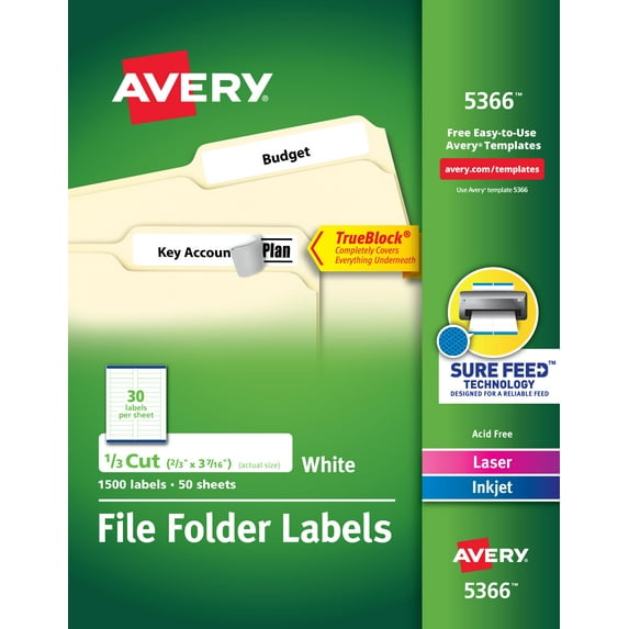 Avery File Folder Labels, 2/3" x 3-7/16", 1,500 White Labels (5366) - 5 Pack