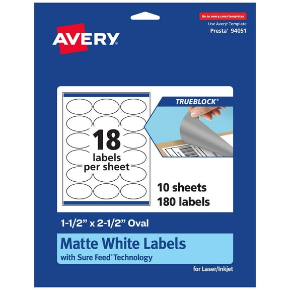 Avery TrueBlock Oval Labels, 1.5" x 2.5", 180ct