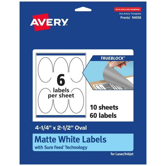 Avery TrueBlock Oval Labels, 4.25" x 2.5", 60ct