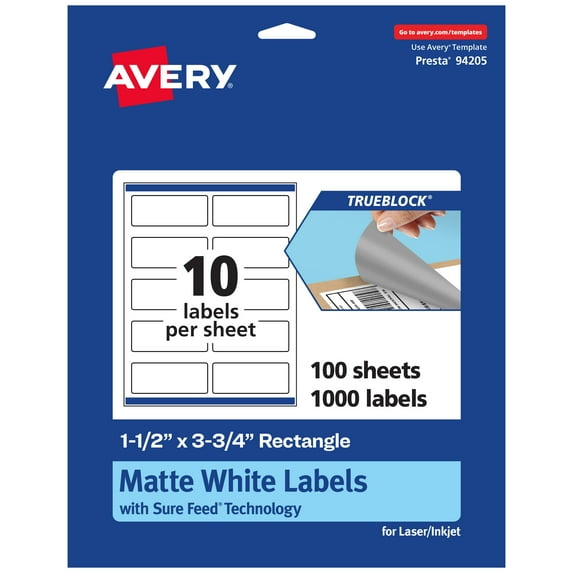 Avery TrueBlock Rectangle Labels, 1.5" x 3.75", 1,000ct