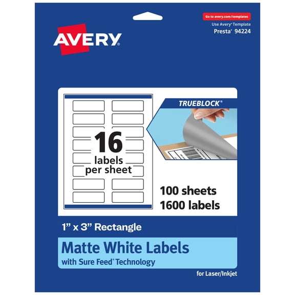 Avery TrueBlock Rectangle Labels, 1" x 3", 1,600ct