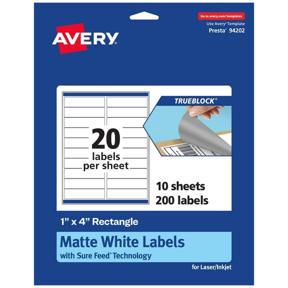 Avery TrueBlock Rectangle Labels, 1" x 4", 200ct