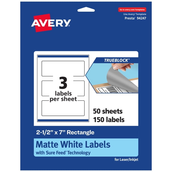 Avery TrueBlock Rectangle Labels, 2.5" x 7", 150ct