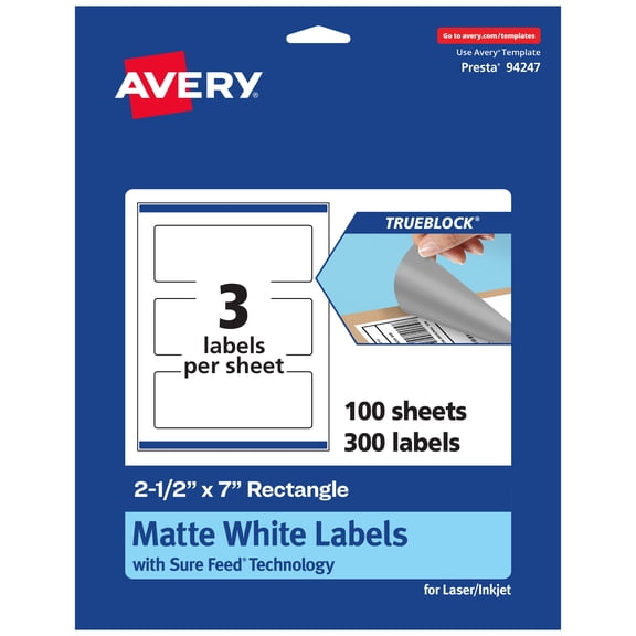 Avery TrueBlock Rectangle Labels, 2.5" x 7", 300ct