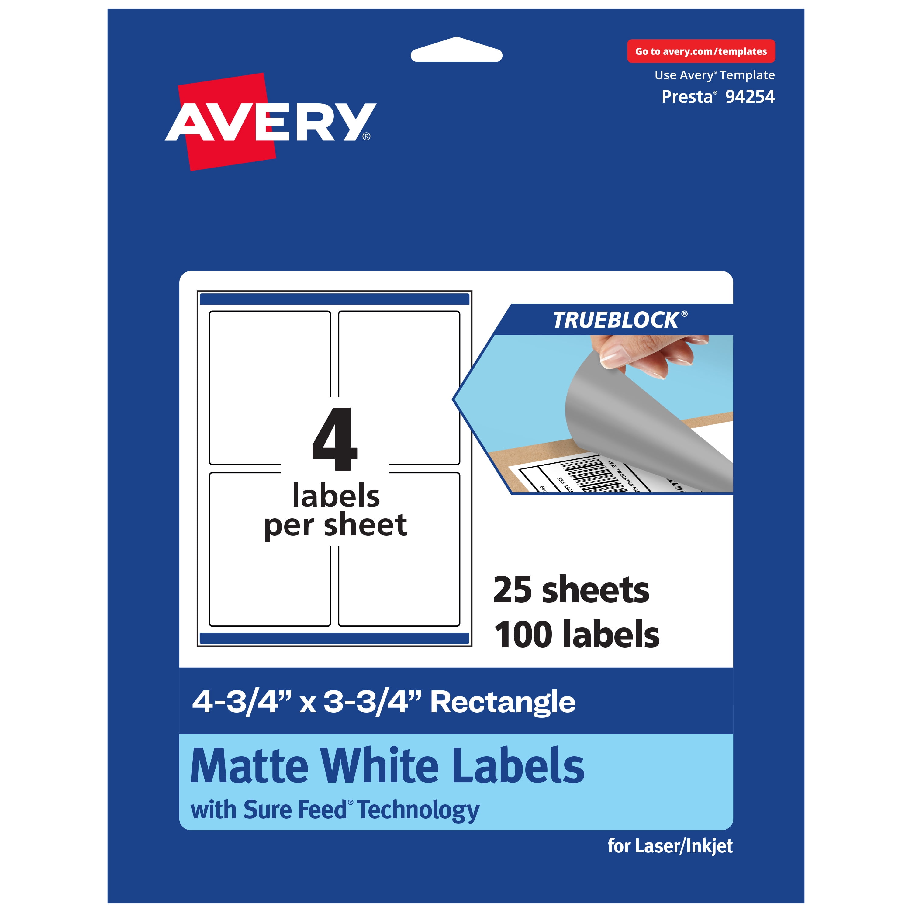 Avery TrueBlock Rectangle Labels, 4.75" x 3.75", 100ct