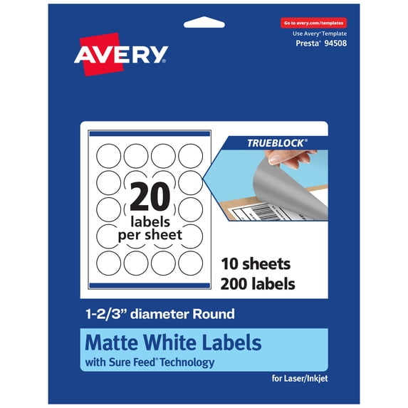 Avery TrueBlock Round Labels, 1-2/3" Diameter, 200ct