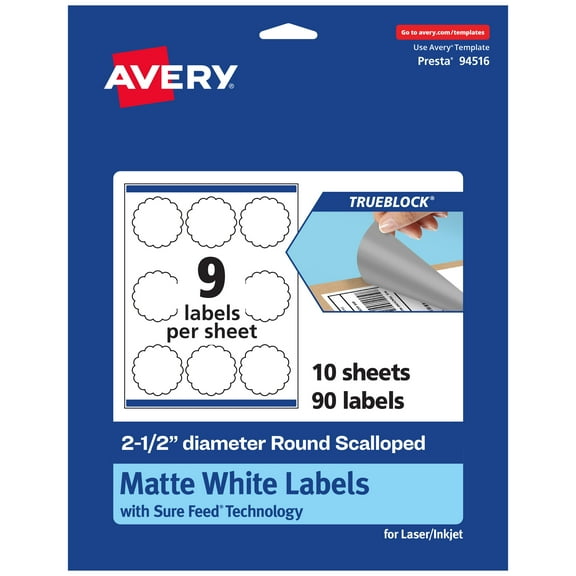 Avery TrueBlock Round Scalloped Labels, 2.5" Diameter, 90ct