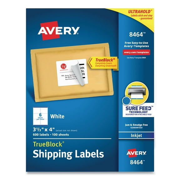 Avery 8464 Shipping Labels w/Ultrahold Ad & TrueBlock, Inkjet, 3 1/3 x 4, White, 600/Box