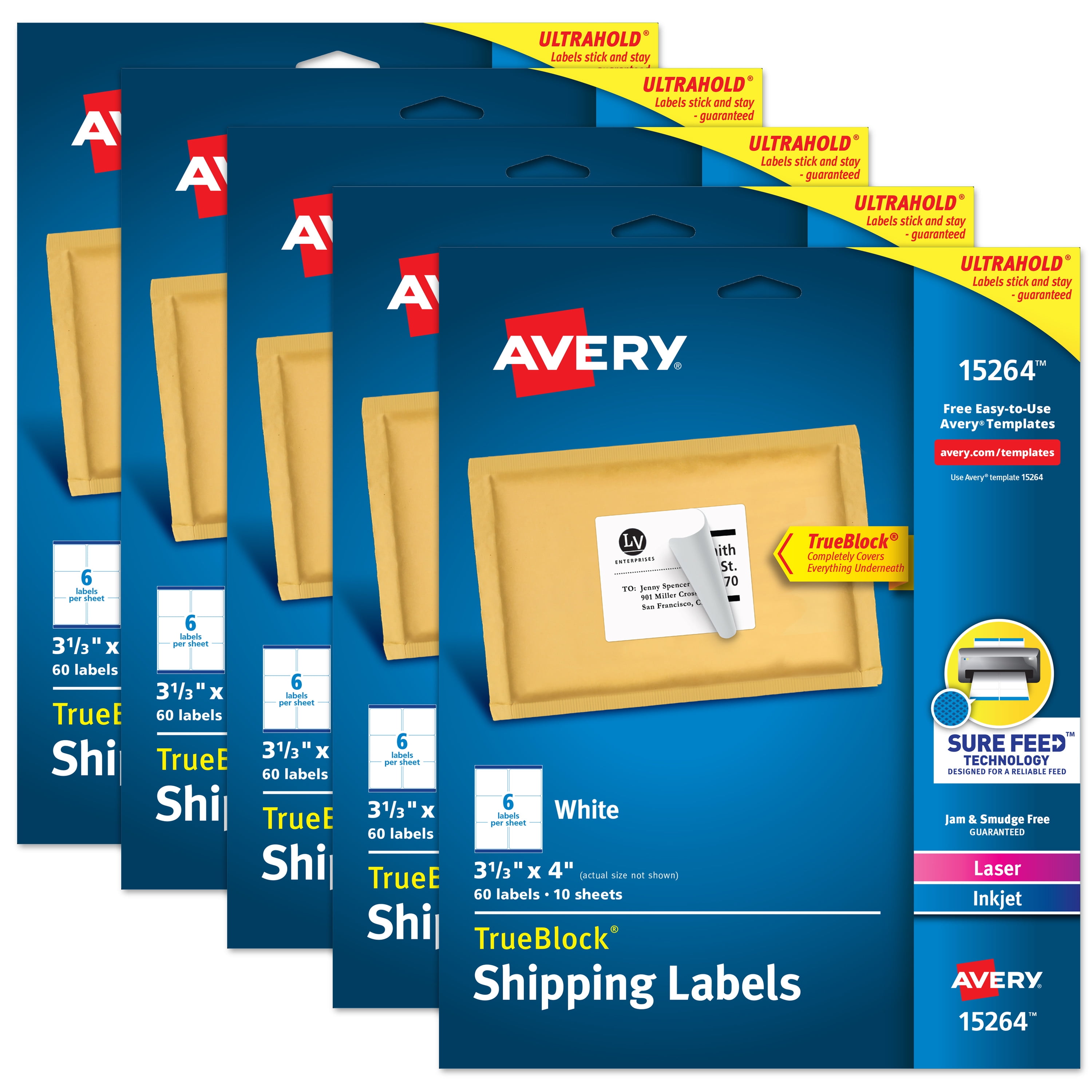 Avery TrueBlock Shipping Labels, Sure Feed Technology, Permanent Adhesive, 3-1/3