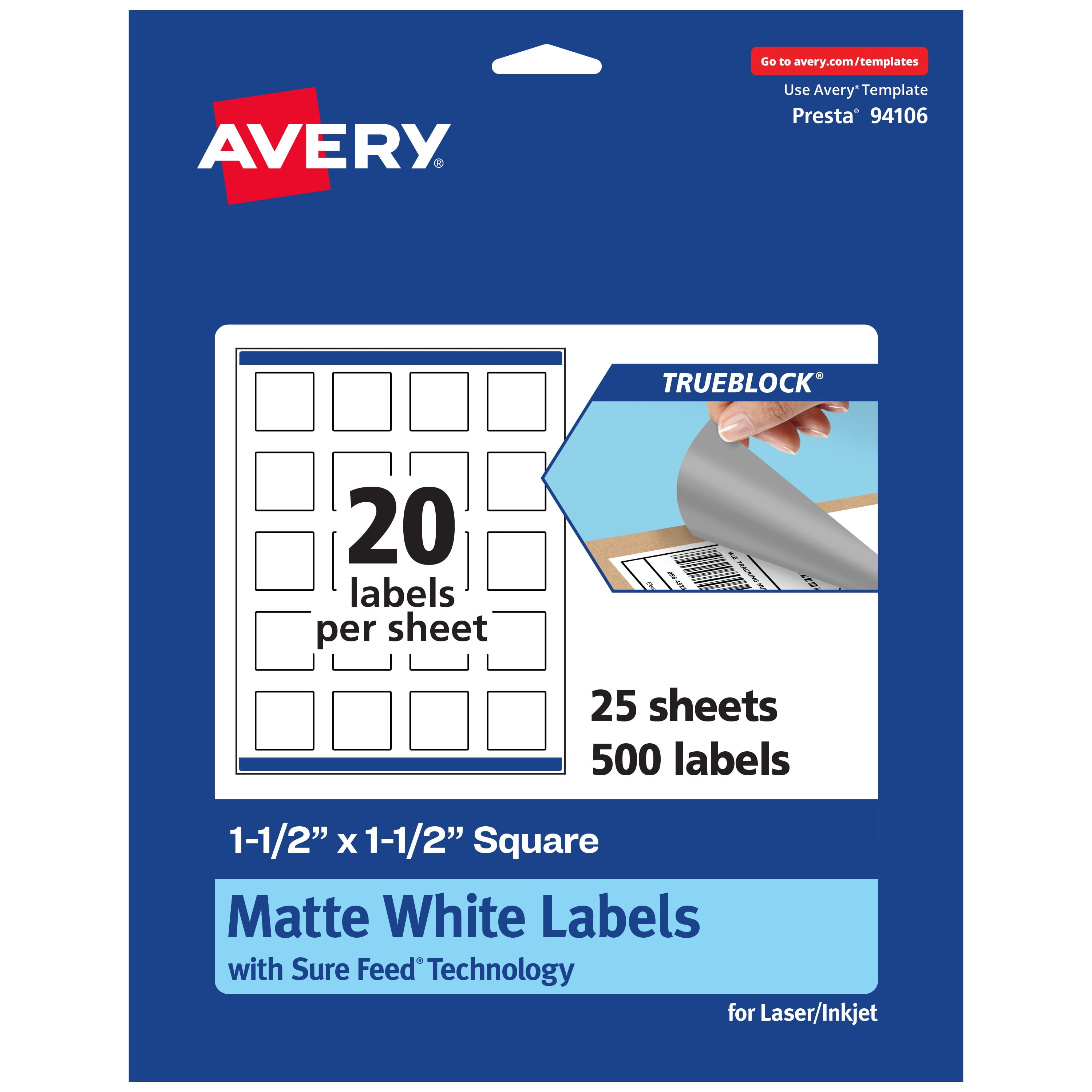 Avery TrueBlock Square Labels, 1.5" x 1.5", 500ct