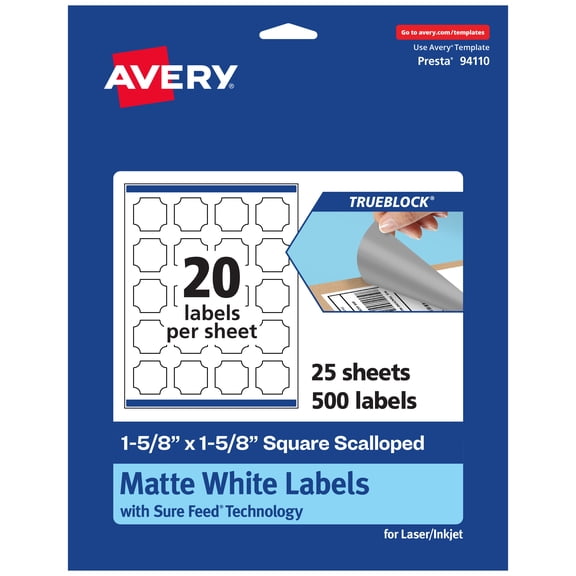 Avery TrueBlock Square Scalloped Labels, 1-5/8" x 1-5/8", 500ct