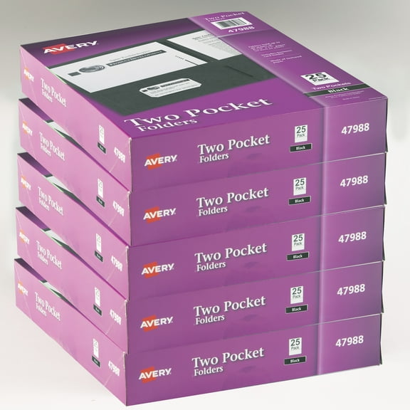 Avery Two Pocket Folders, Holds up to 40 Sheets, 25 Black Folders (47988) - 5 Pack