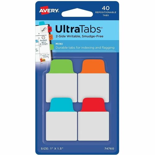 Avery® Ultra Tabs File Tab, 40 Write-on Tab(s), 1.50" Tab Height x 1" Tab Width, Removable, Clear Film, Red Paper, Blue, Orange, Green Tab(s) (74760) | 2-Pack (2 Total)