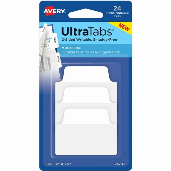 Avery; Ultra Tabs Repositionable Multi-Use Tabs - 24 Tab(s) - 8 Tab(s)/Set - Clear Film, White Paper Tab(s) - 3 | Bundle of 5 Packs