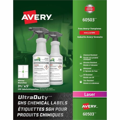 Avery UltraDuty GHS Chemical Labels, Permanent Adhesive, Laser, White, Film, Polyester, Water Resistant (60503) | 2 Boxes (400 Sheets)