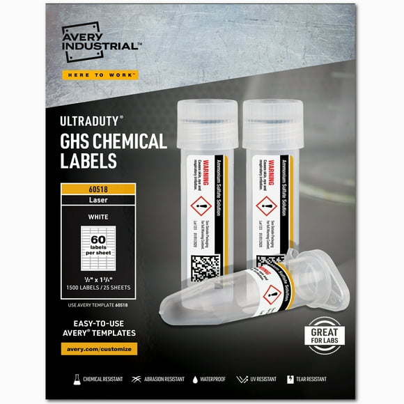 Avery UltraDuty GHS Chemical Labels for Laser Printers, Waterproof, UV Resistant, 0.5 x 1.75, Pack of 1,500 (60518)