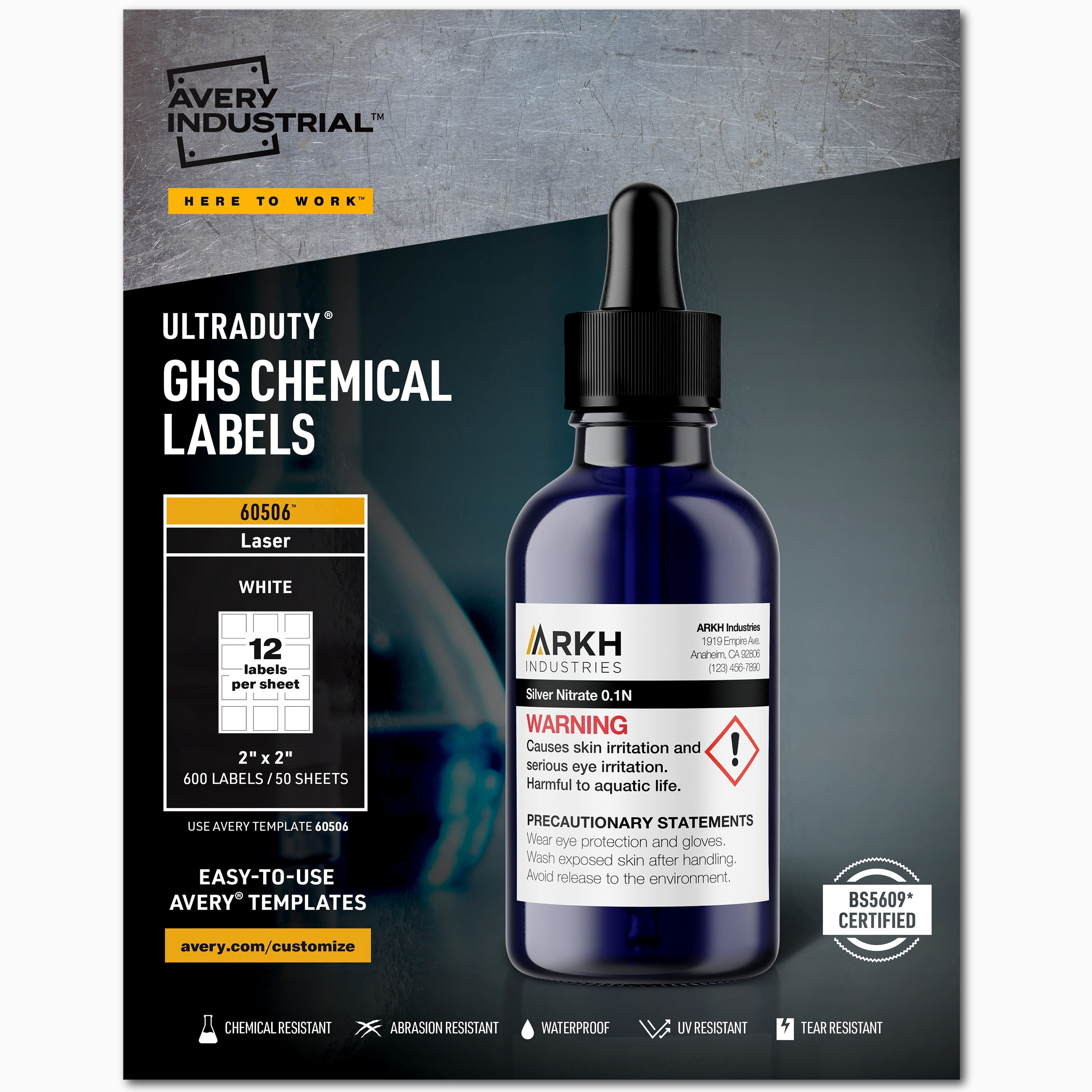 Avery UltraDuty GHS Chemical Labels for Laser Printers, Permanent Adhesive, Waterproof, UV Resistant, 2" x 2", 600 Labels (60506)