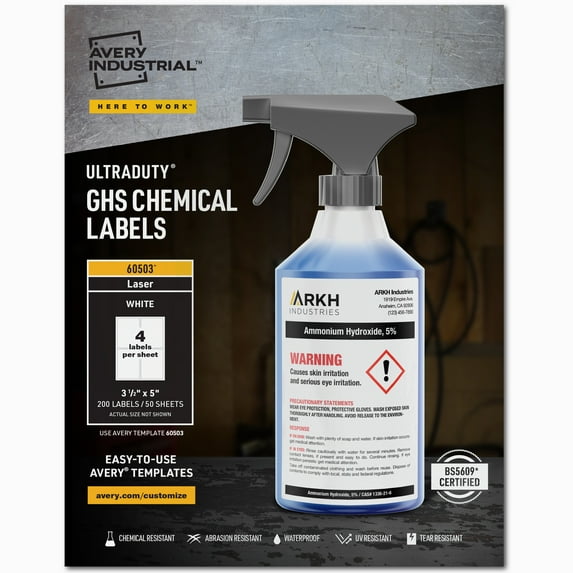 Avery UltraDuty GHS Chemical Labels for Laser Printers, Permanent Adhesive, Waterproof, UV Resistant, 3-1/2" x 5", 200 Labels (60503 )
