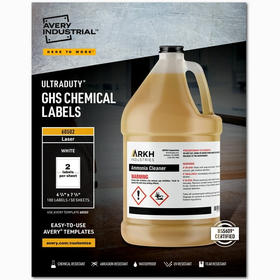 Avery UltraDuty GHS Chemical Labels for Laser Printers, Permanent Adhesive, Waterproof, UV Resistant, 4-3/4" x 7-3/4", 100 Labels (60502) - 5 Pack