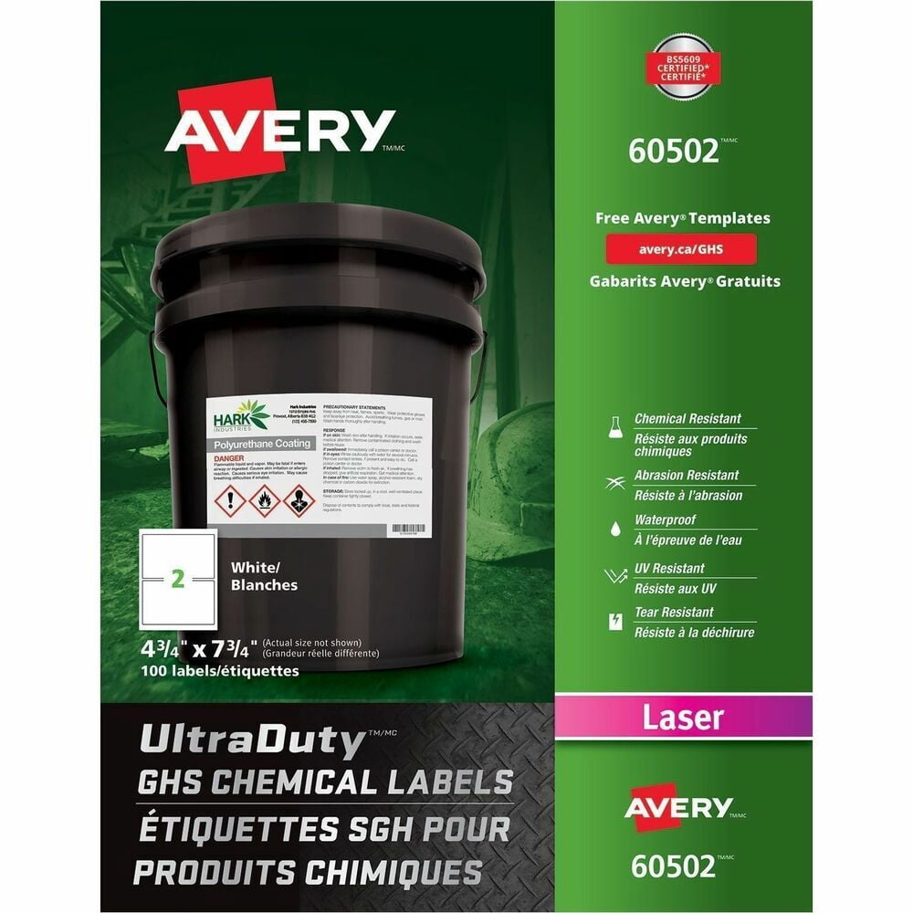 Avery UltraDuty GHS Chemical Labels for Laser Printers, Permanent Adhesive, Waterproof, UV Resistant, 4-3/4" x 7-3/4", 100 Labels (60502)