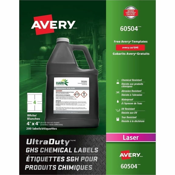 Avery UltraDuty GHS Chemical Labels for Laser Printers, Permanent Adhesive, Waterproof, UV Resistant, 4" x 4",  200  Labels (60504)