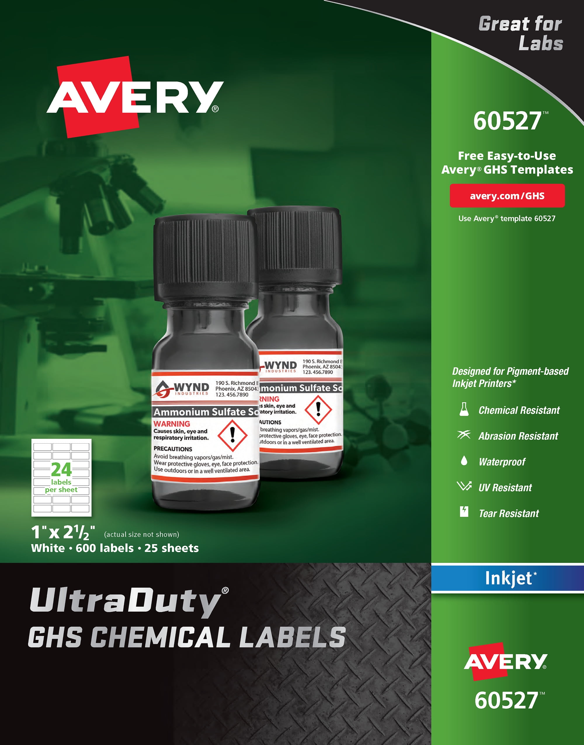 Avery UltraDuty GHS Chemical Labels for Pigment Inkjet Printers