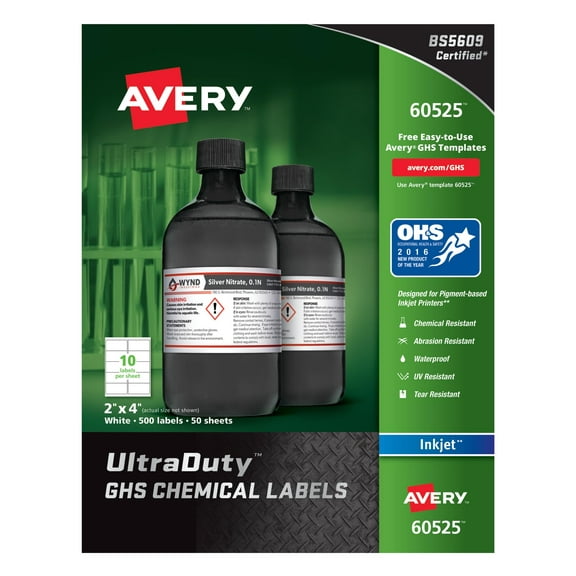Avery UltraDuty GHS Chemical Labels for Pigment Inkjet Printers, Waterproof, UV Resistant, 2x4,500Pk (60525) CA2