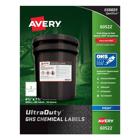 Avery UltraDuty GHS Chemical Labels for Pigment Inkjet Printers, Waterproof, UV Resistant, 4.8 x 7.8 (60522)
