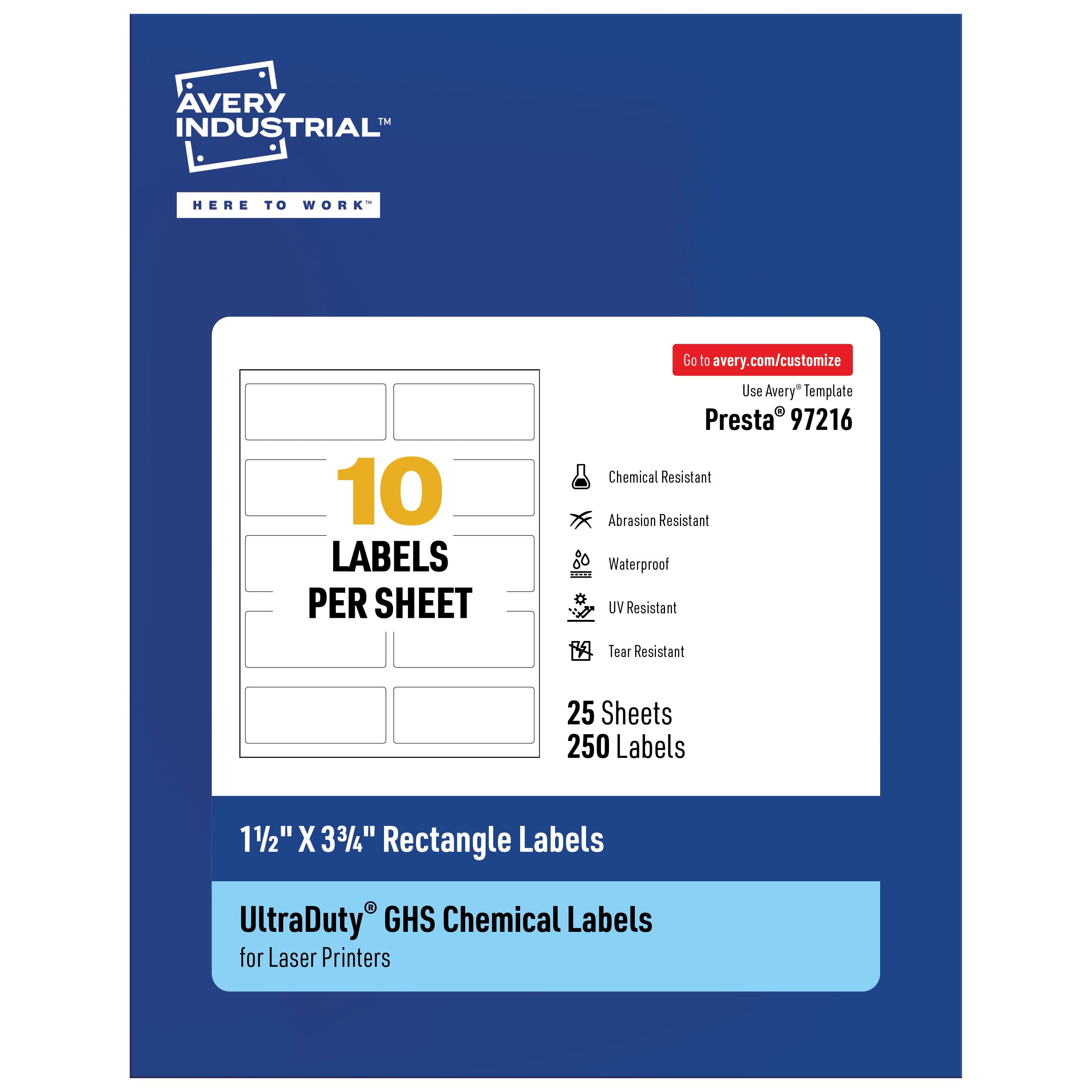 Avery UltraDuty GHS Labels 1-1/2" x 3-3/4", 250 Ct, Laser Printer