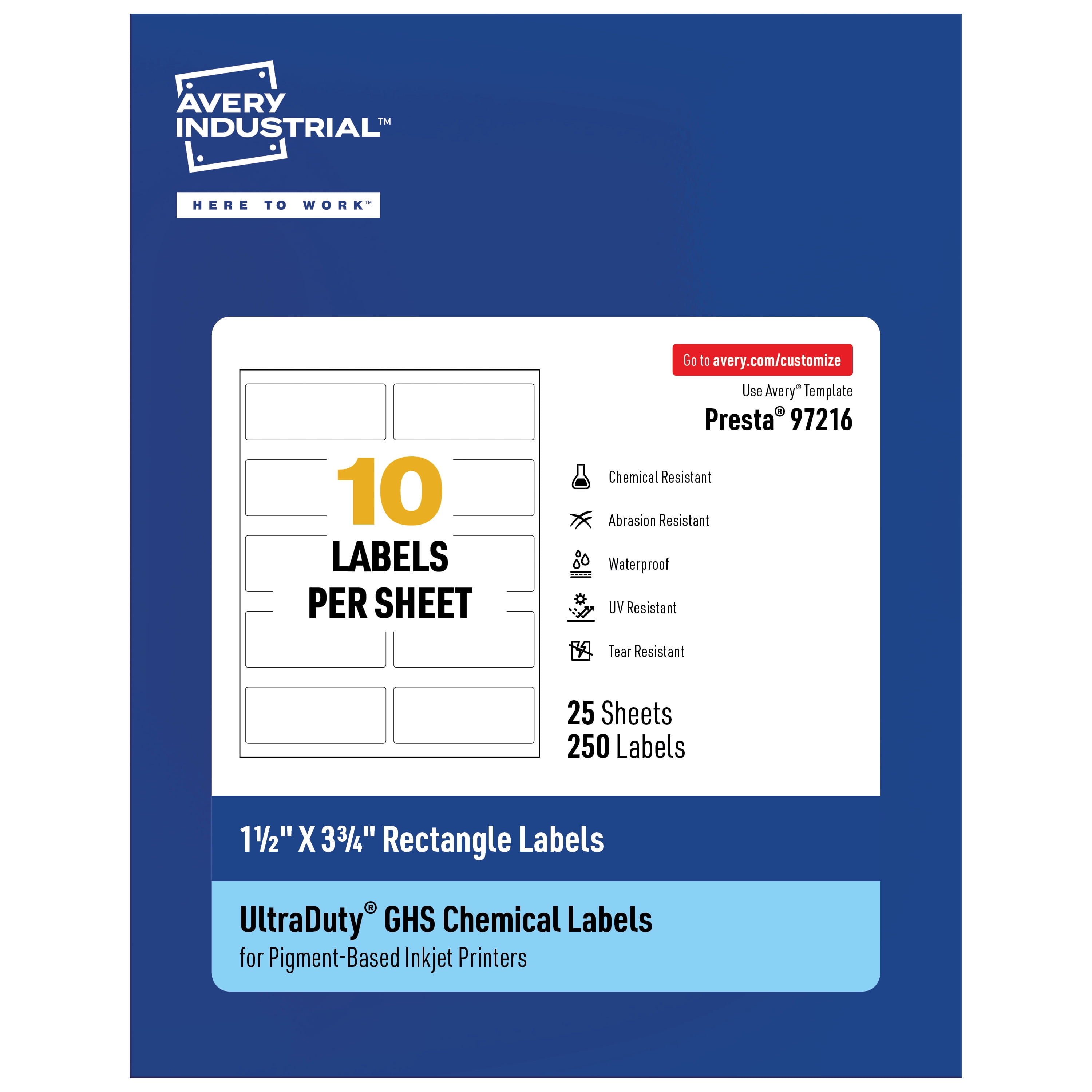Avery UltraDuty GHS Labels 1-1/2" x 3-3/4", 250 Ct, Pigment Inkjet