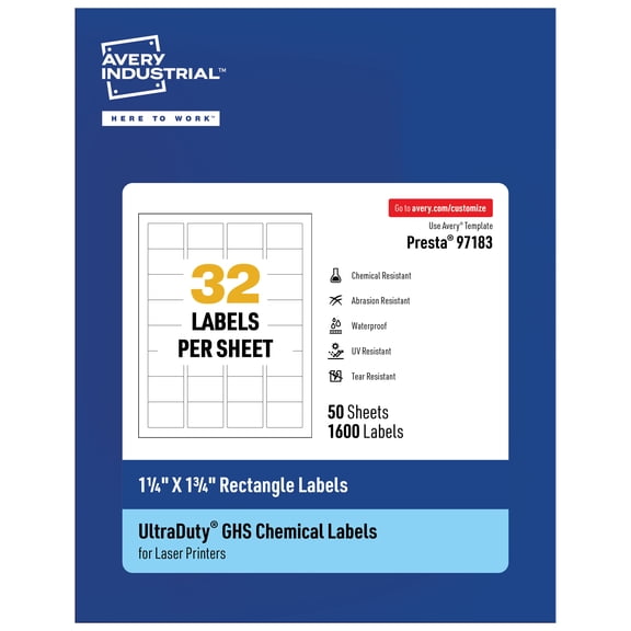 Avery UltraDuty GHS Labels 1-1/4" x 1-3/4", 1600 Ct, Laser Printer