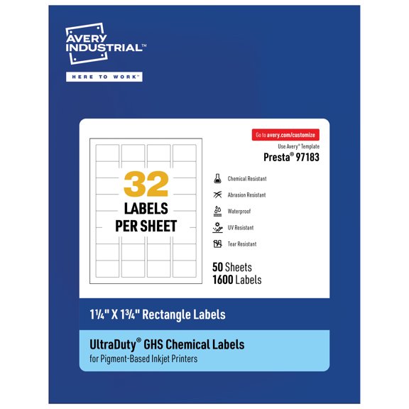 Avery UltraDuty GHS Labels 1-1/4" x 1-3/4", 1600 Ct, Pigment Inkjet
