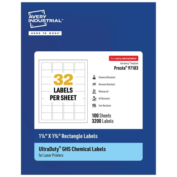 Avery UltraDuty GHS Labels 1-1/4" x 1-3/4", 3200 Ct, Laser Printer