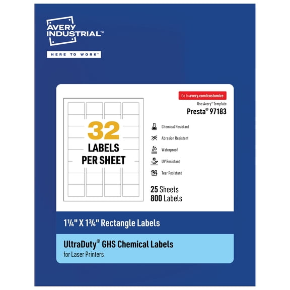 Avery UltraDuty GHS Labels 1-1/4" x 1-3/4", 800 Ct, Laser Printer