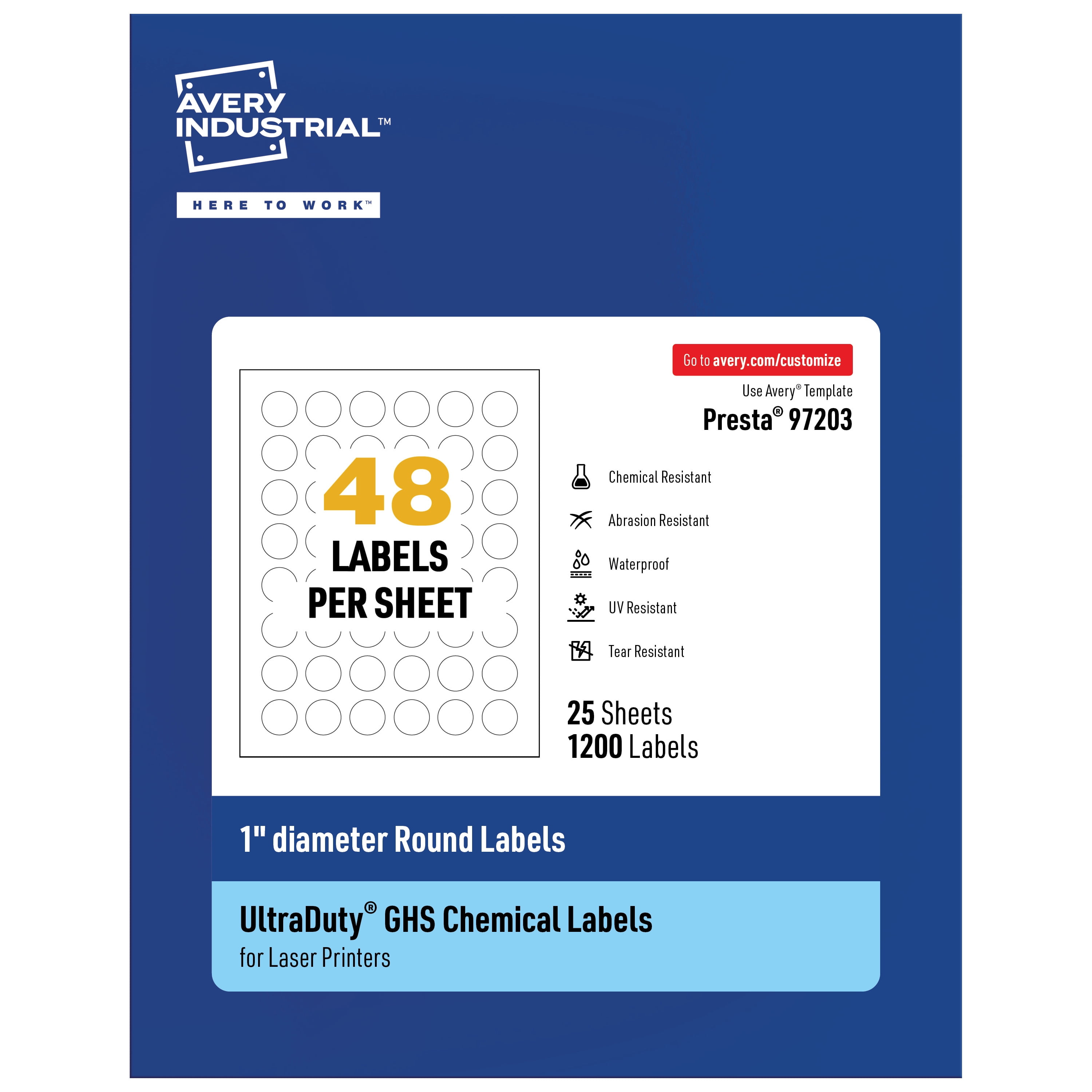 Avery UltraDuty GHS Labels 1" Diameter, 1200 Ct, Laser Printer