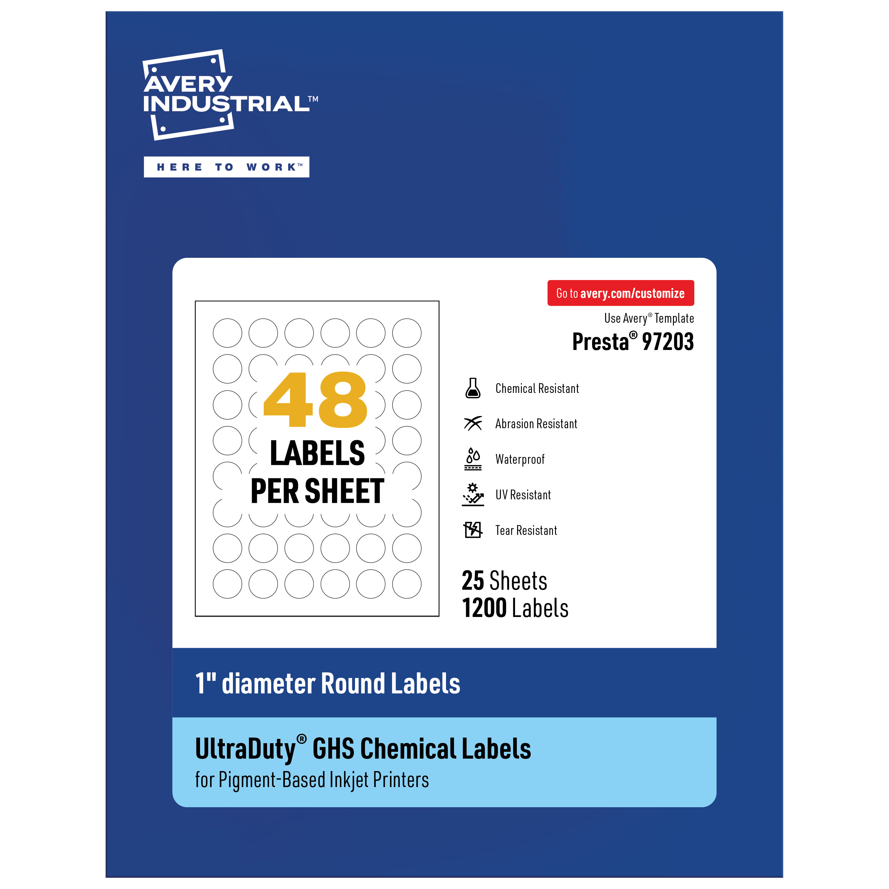 Avery UltraDuty GHS Labels 1" Diameter, 1200 Ct, Pigment Inkjet
