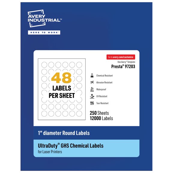 Avery UltraDuty GHS Labels 1" Diameter, 12000 Ct, Laser Printer