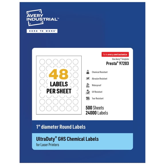 Avery UltraDuty GHS Labels 1" Diameter, 24000 Ct, Laser Printer