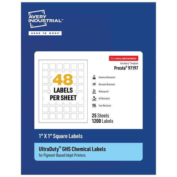 Avery UltraDuty GHS Labels 1" x 1", 1200 Ct, Pigment Inkjet