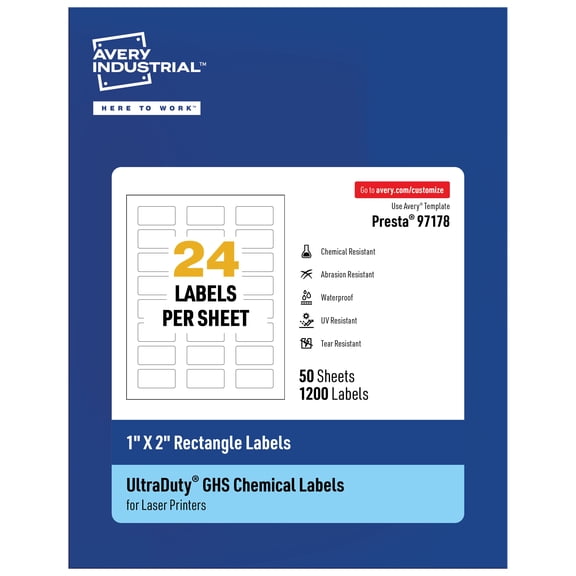 Avery UltraDuty GHS Labels 1" x 2", 1200 Ct, Laser Printer