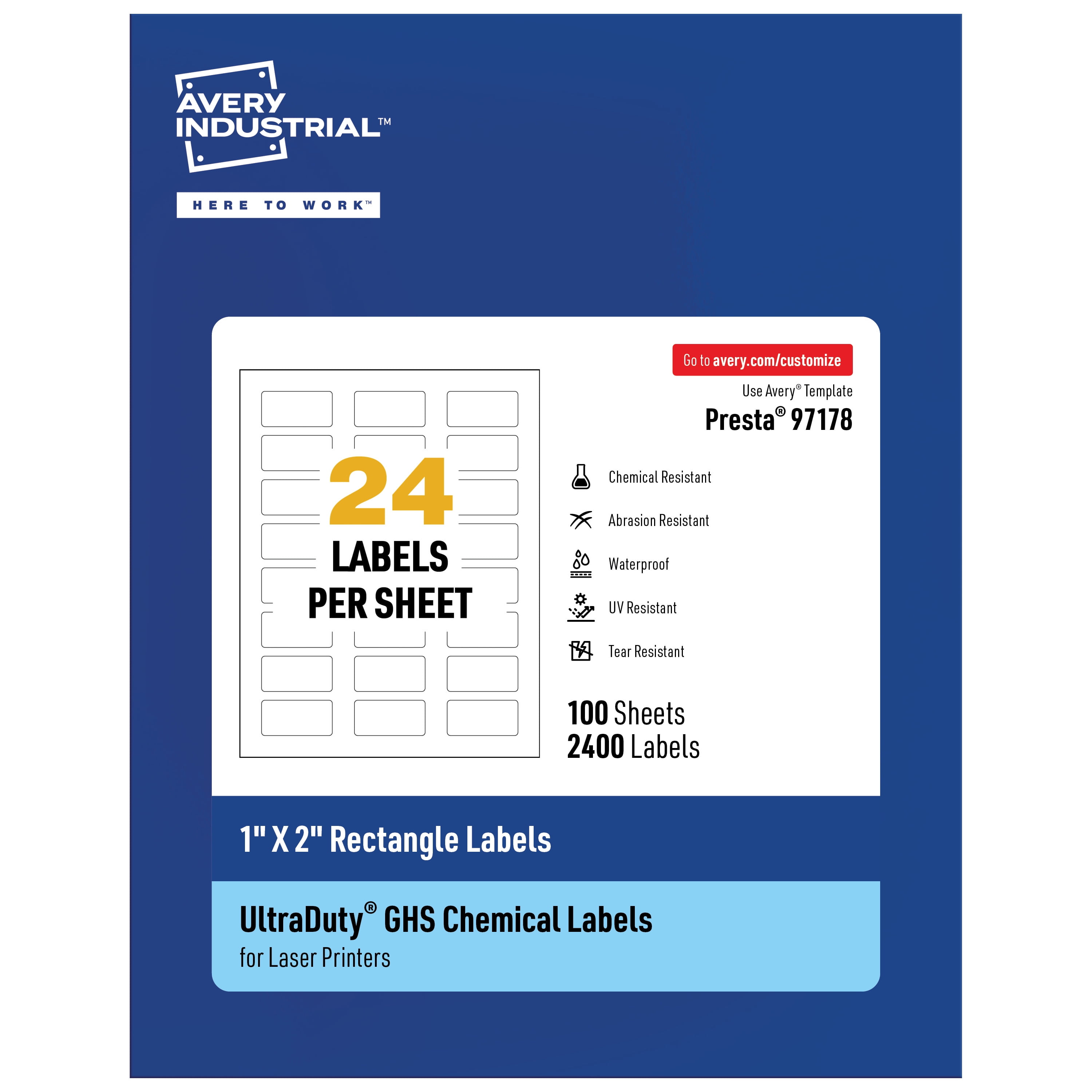Avery UltraDuty GHS Labels 1" x 2", 2400 Ct, Laser Printer