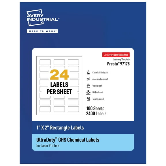 Avery UltraDuty GHS Labels 1" x 2", 2400 Ct, Laser Printer