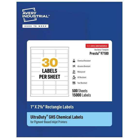 Avery UltraDuty GHS Labels 1" x 2-5/8", 15000 Ct, Pigment Inkjet