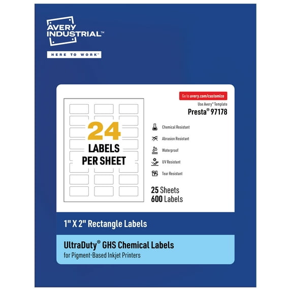 Avery UltraDuty GHS Labels 1" x 2", 600 Ct, Pigment Inkjet