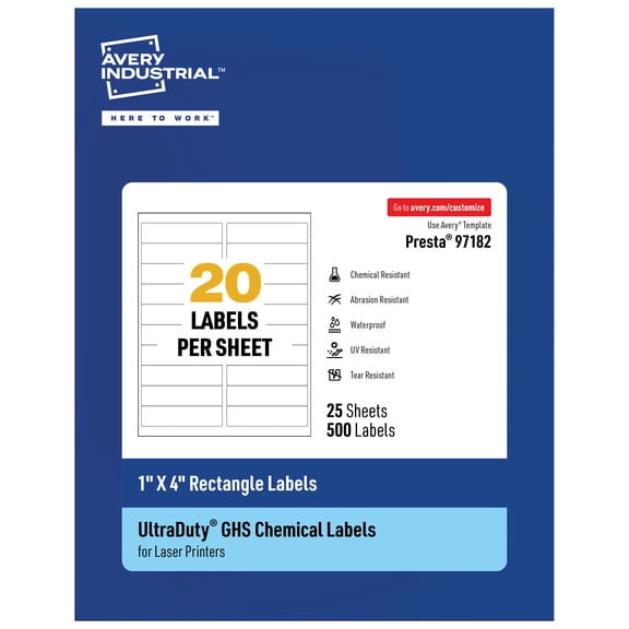 Avery UltraDuty GHS Labels 1" x 4", 500 Ct, Laser Printer