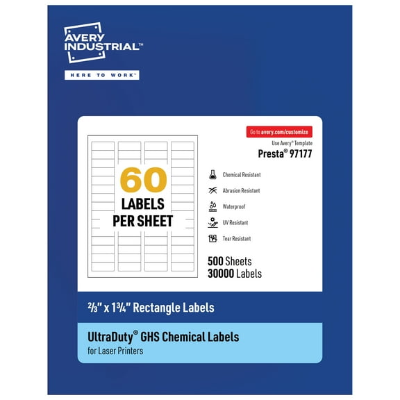 Avery UltraDuty GHS Labels 2/3" x 1-3/4", 30000 Ct, Laser Printer