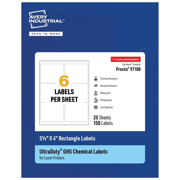 Avery UltraDuty GHS Labels 3-1/3" x 4", 150 Ct, Laser Printer