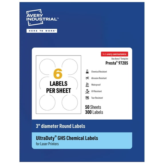 Avery UltraDuty GHS Labels 3" Diameter, 300 Ct, Laser Printer